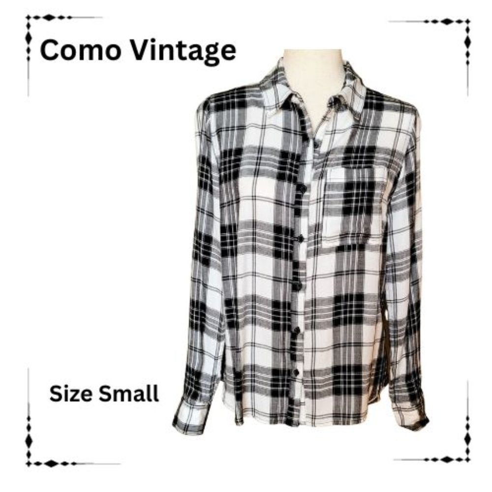 Como Vintage Plaid Black, Grey, & Cream Collared Shirt Asymmetrical hem SZ S